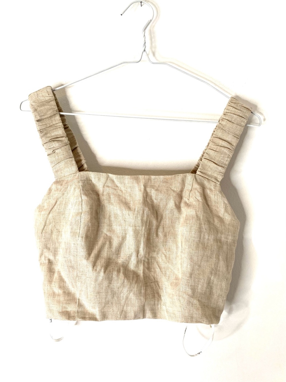Lulus Beige 100% Linen Crop Top Ruched Straps Square Neck Side Zip